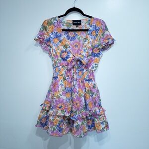 Angel Biba Blue & Purple Floral Ruffle Cutout Front Mini Dress Size Small‎